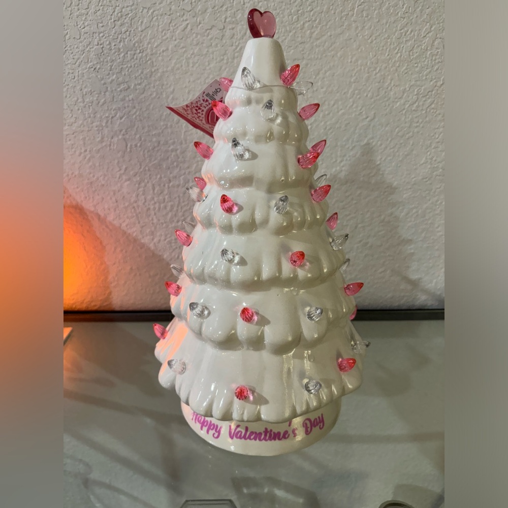 White Ceramic Valentine's Day Tree with Pink and Red Lights